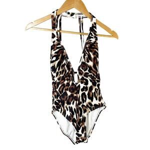 Vince Camuto Leopard Print Plunge Halter One-Piece Swimsuit